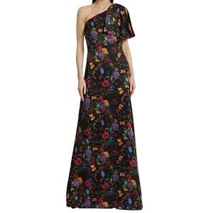 NWT SACHIN + BABI Black Floral Sleeveless One Shoulder Bow Dress Gown Size 6